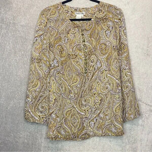 WINTERSILKS XL Top Shirt Gold Paisley V Neck Henley Long Sleeve Sheer Silk P21